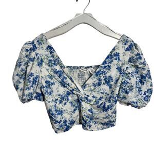 Midnight Sky Linen Cotton Crop Puff Sleeve Top Women M BlueWhite Coastal Cottage